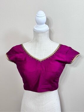 Sari Saree Indian blouse choli crop beaded embroidered ruffle sleeve V neck